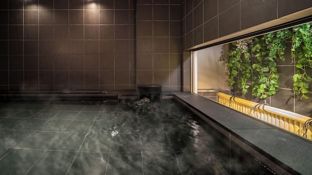 A spa area with a hot tub, tiled walls, and a view of greenery through a window. - Super Hotel Premier Shimonoseki (Shimonoseki)