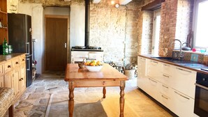 Une cuisine rustique aux murs de pierre, une table en bois ornée de fruits et un four moderne.