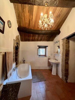 Bathtub, hair dryer, bidet, towels