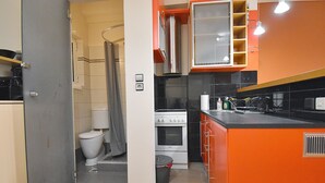 A compact kitchen with a stove, oven, and modern cabinetry. - Check Point - Down Town (Athens)
