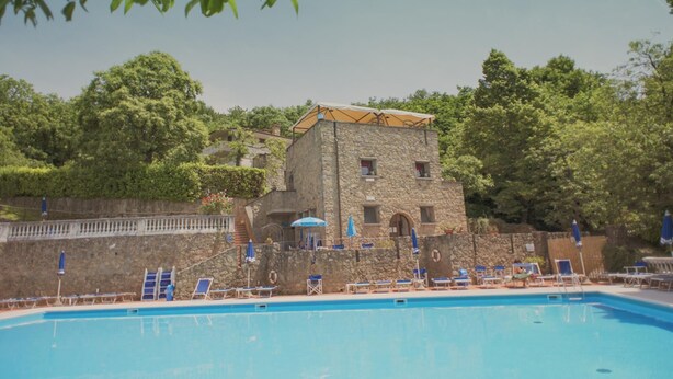 A swimming pool with lounge chairs and umbrellas, a stone building with a tiled roof, and lush green trees in the background.