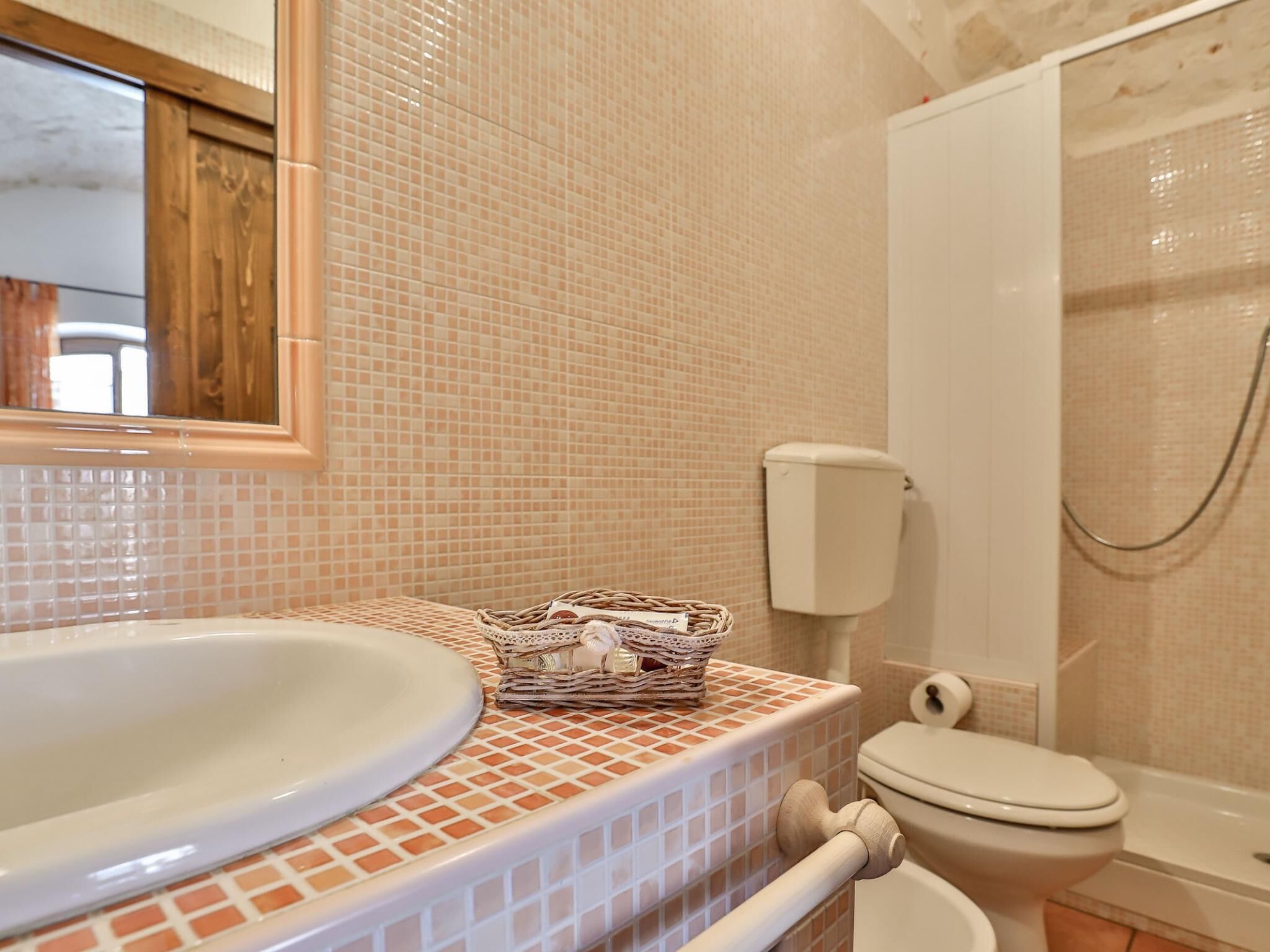 Ein Badezimmer mit Waschbecken, Toilette und Dusche.