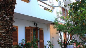 A courtyard with potted plants, a palm tree, and a building with balconies and windows. - Vaya Zorba Studios (Skiathos)