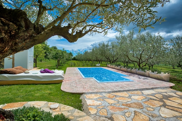 A pool area with a stone pathway, a mattress with pillows, and a tree.