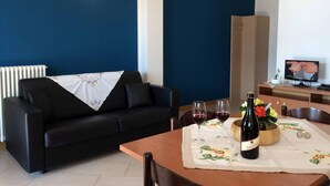 En stue med en sort sofa, et træspisebord med en vinflaske og glas, et fjernsyn på et træstel og en radiator.