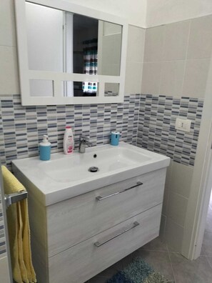 Chuveiro, secador de cabelo, bidê, toalhas de banho