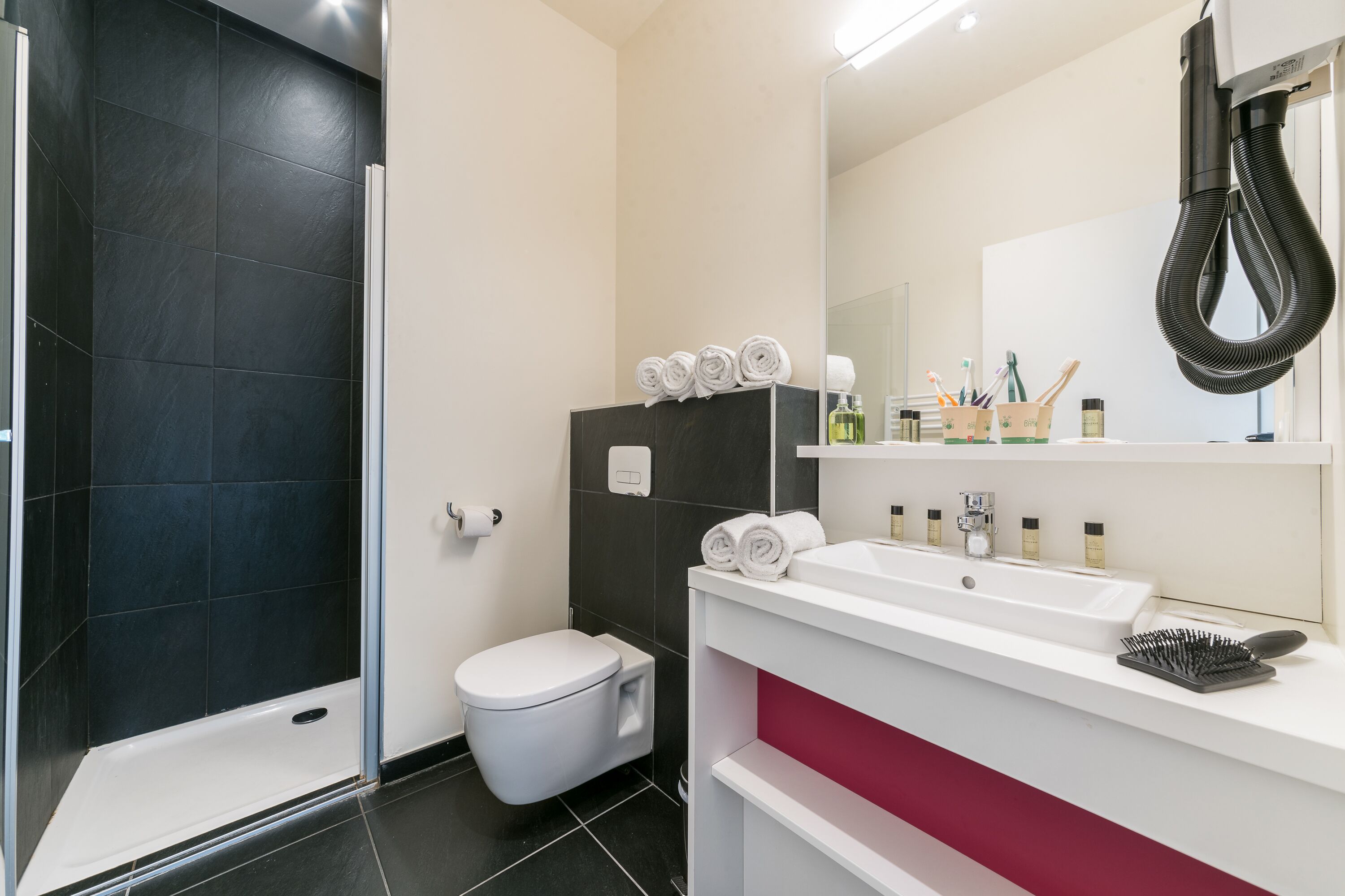 Ein modernes Badezimmer mit Dusche, Toilette und Waschbecken.