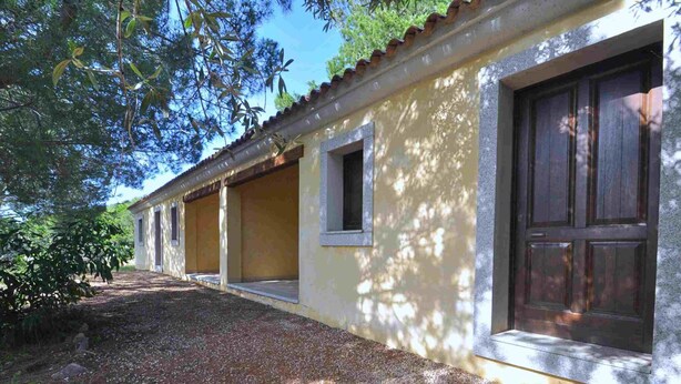 A building with a yellow exterior, a wooden door, and a gravel pathway leading to the entrance. - Residence a Badesi ID 3372 (Badesi)