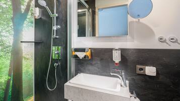 Habitación estándar con 2 camas individuales | Baño | Regadera, secadora de cabello, toallas