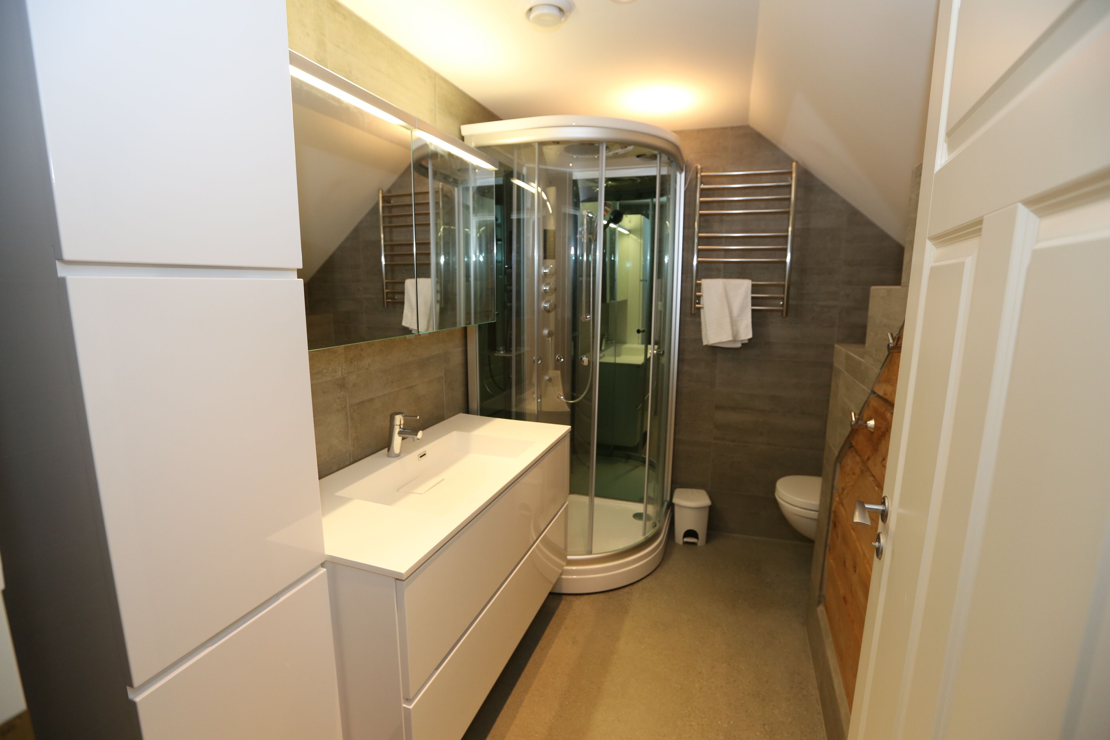 Un baño moderno con ducha de vidrio, un lavabo blanco y un inodoro.