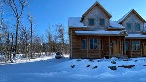 A two-story wooden cabin with a snow-covered roof, surrounded by a snowy landscape and leafless trees.