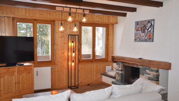 A cozy living room with wooden walls, a fireplace, a sofa, and a television. - Nice flat for rent in Les Collons (Thyon-Les Collons)