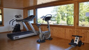 A gym with a treadmill, elliptical, and stationary bike. - Nice flat for rent in Les Collons (Thyon-Les Collons)
