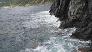 A coastal scene with rocky cliffs and waves crashing against the shore.