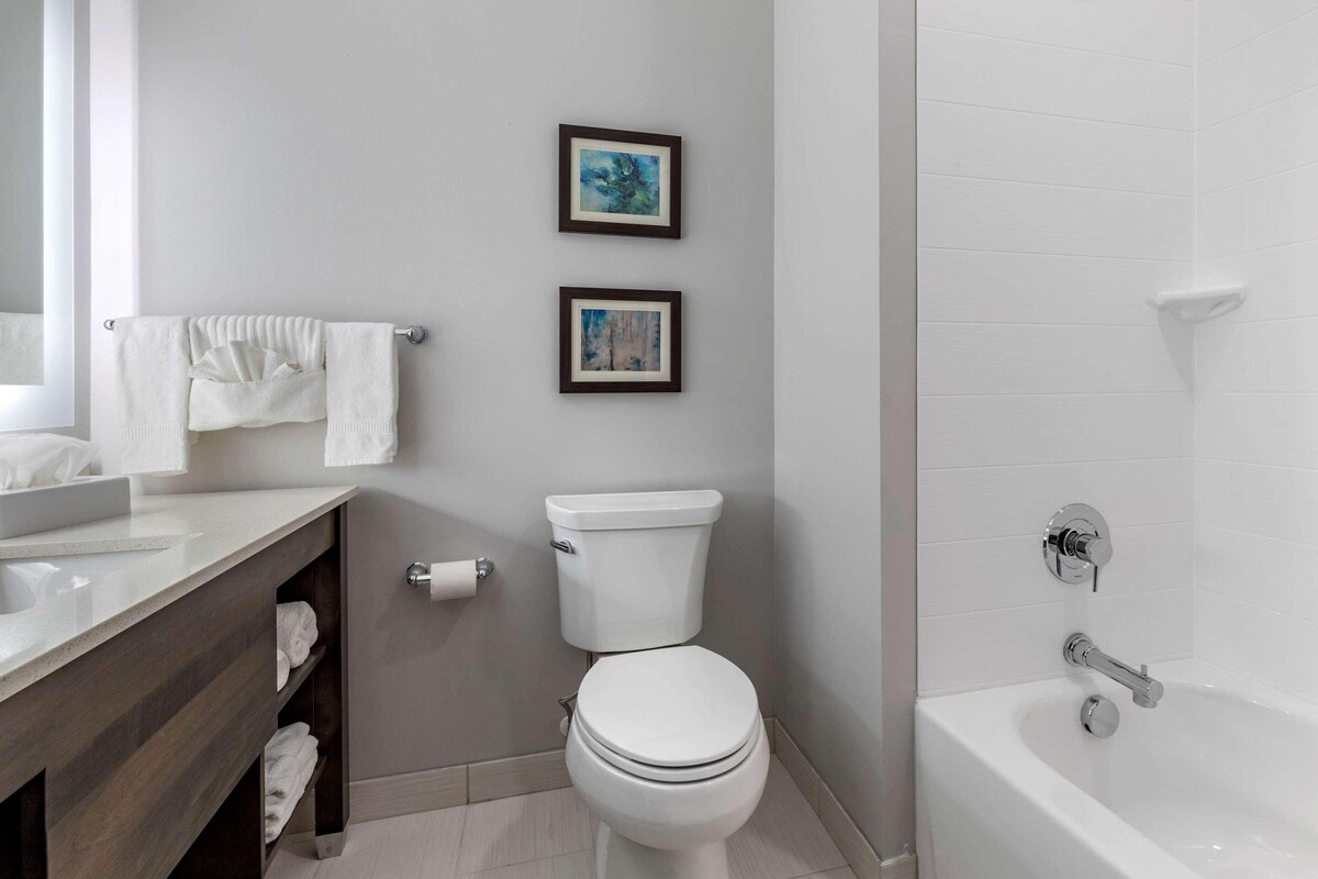 Une salle de bain moderne avec des toilettes blanches, une baignoire et un meuble-lavabo avec un miroir. Deux tableaux encadrés sont accrochés au mur.