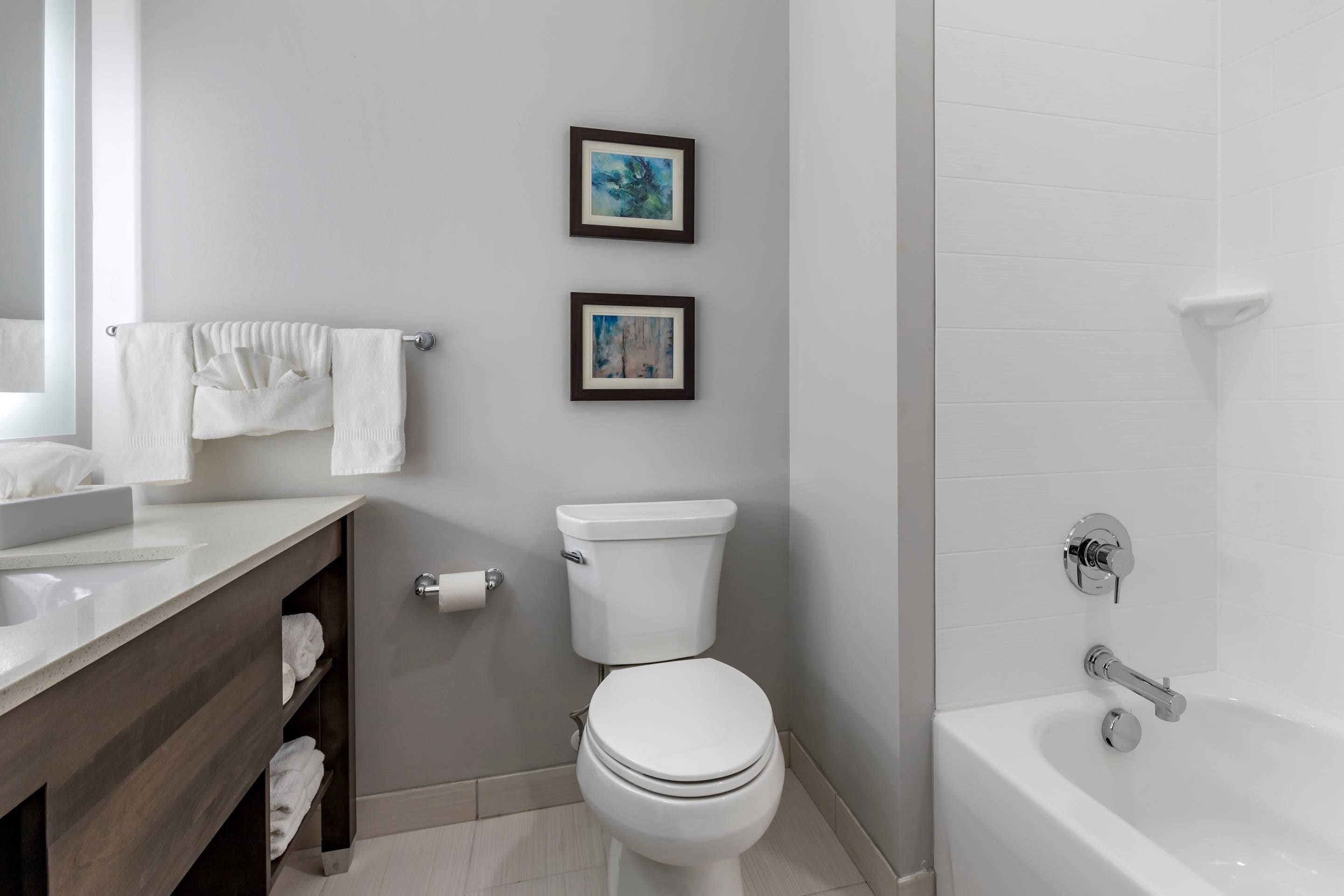 Un baño moderno con inodoro, lavabo y bañera. Hay dos cuadros enmarcados en la pared.