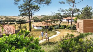 Un quartier résidentiel avec des maisons, une structure en bois et un sentier.