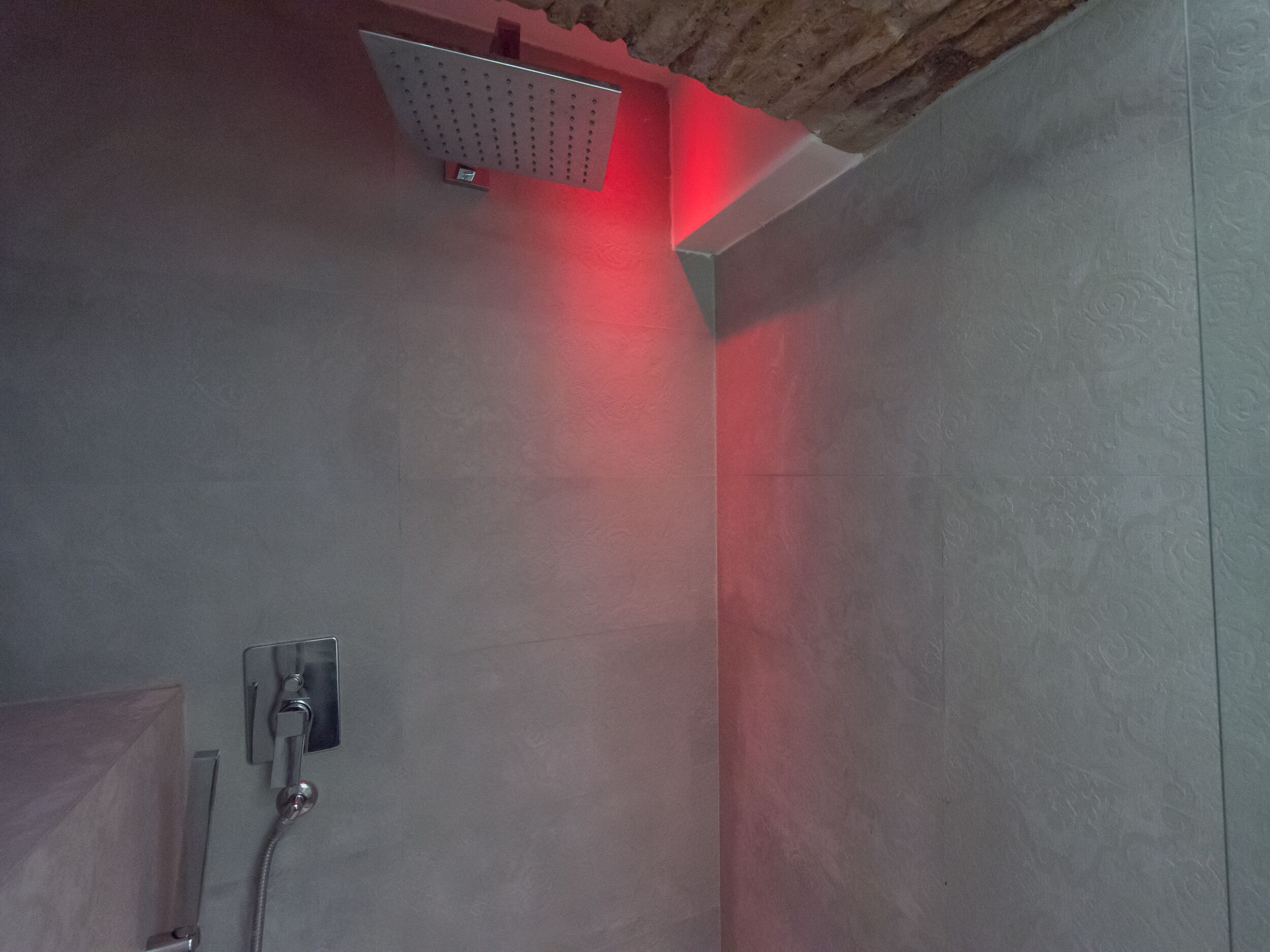 Een douche met een flexibele douchekop en een bedieningspaneel aan de muur.