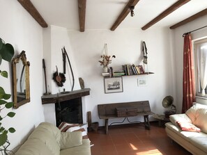 Fernseher, Kamin, DVD-Player, Bücher