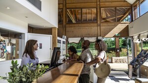 A reception area with a wooden reception desk, a potted plant, and a view of the outdoors. - Belambra Clubs Résidence Rocamadour - Les Portes De Dordogne (Alvignac)