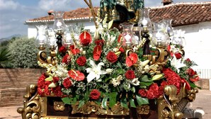 A statue of a figure in a green robe holding a staff, standing on a decorative cart with flowers. - The countryside of Cruzchiquita (Alpandeire)