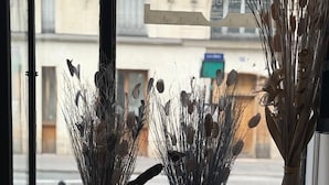 A black cat sitting on a windowsill with decorative vases and a glass bowl. - Lafayette Hotel (Paris)