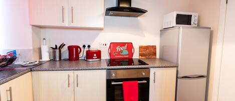 Basic Apartment | Private kitchen | Full-size fridge, microwave, oven, stovetop