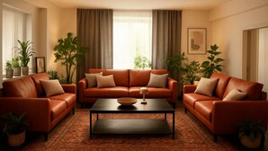 A living room with a brown leather sofa set, a coffee table, and potted plants. - Apartment Osterstraße 347 (Hannover)