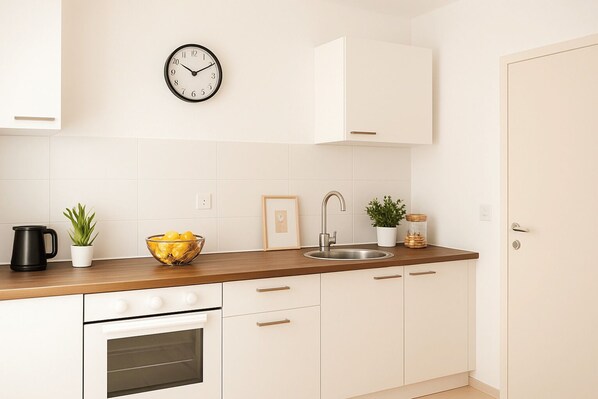 Una cocina con armarios blancos, un lavamanos de acero inoxidable, un reloj y una planta en maceta.