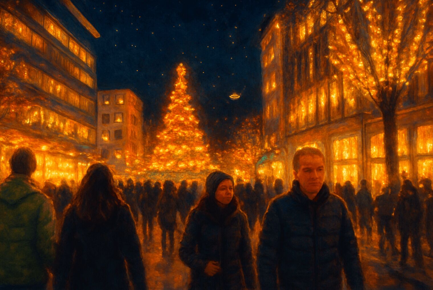 A nighttime city scene with a large illuminated Christmas tree.