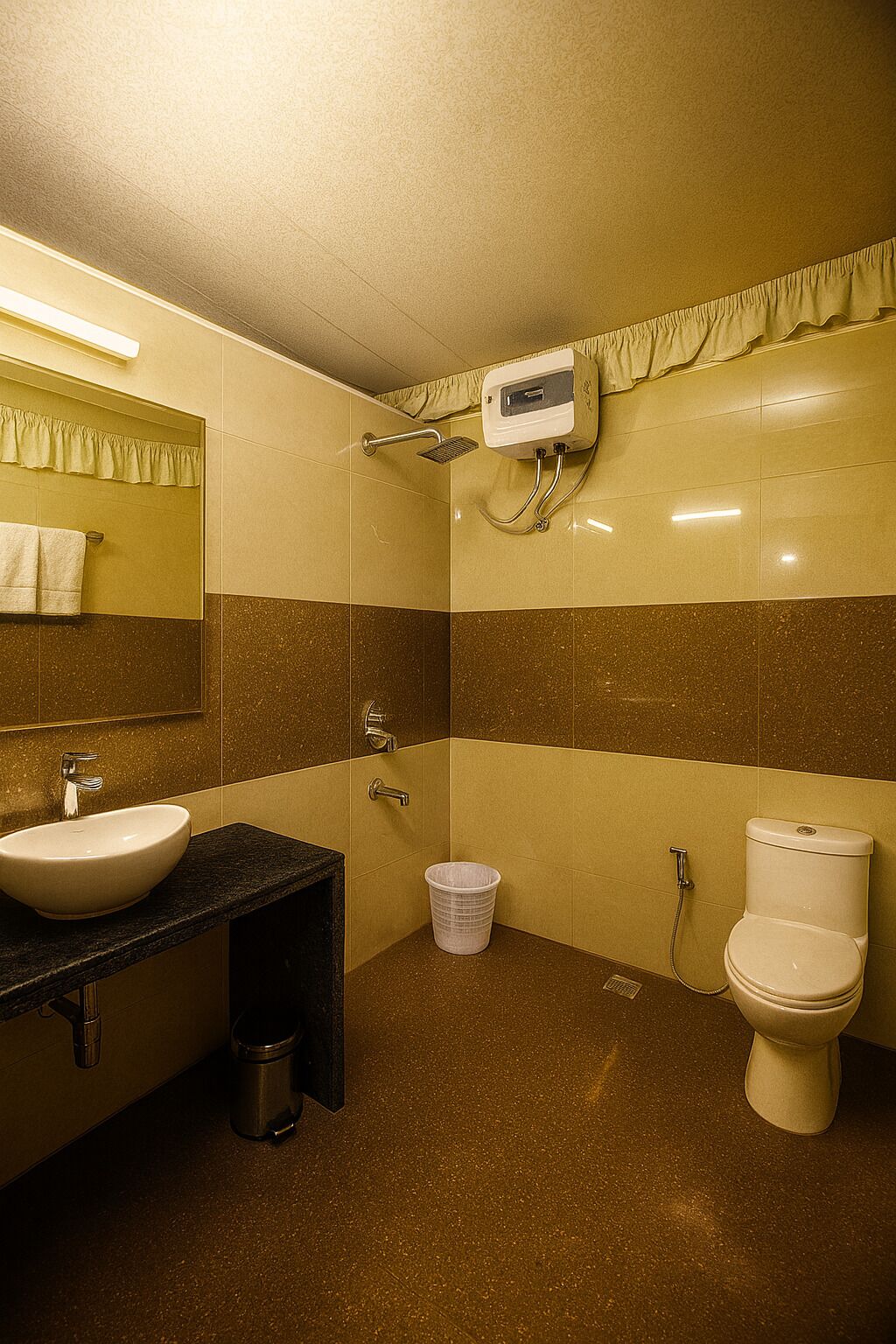 A bathroom with a sink, mirror, toilet, and shower.
