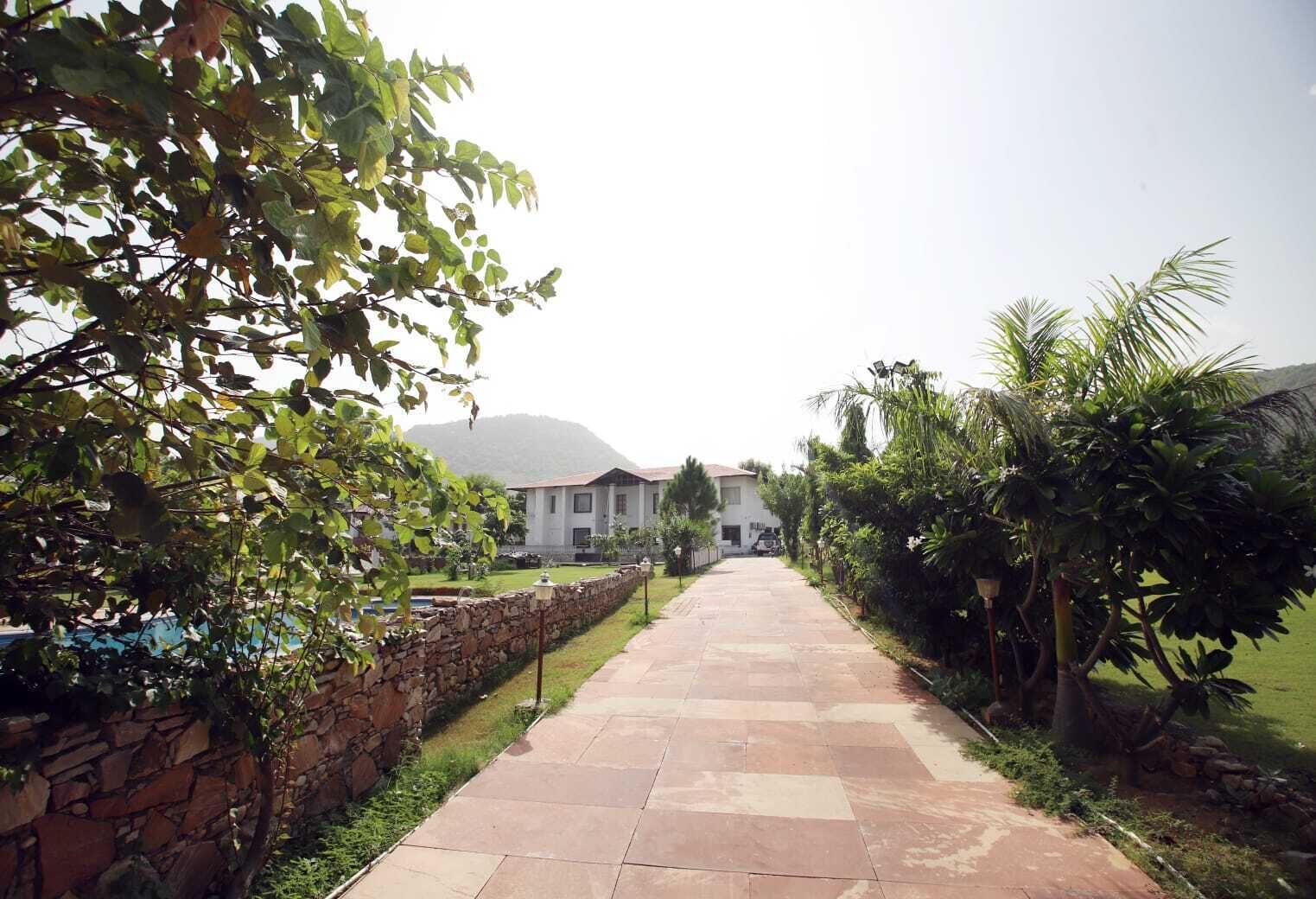 A paved pathway leading to a building with a stone wall on one side and lush greenery on the other.