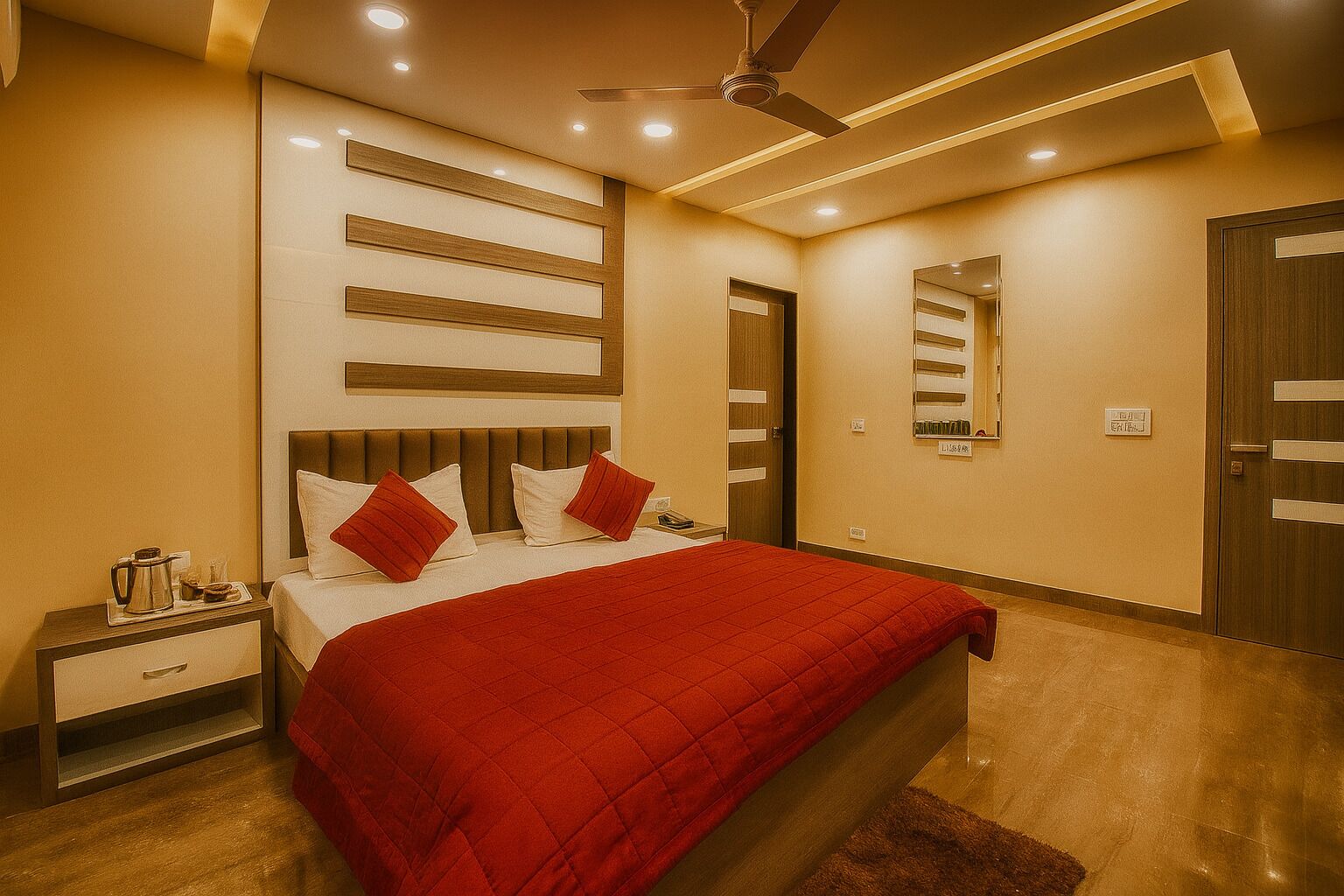 Una habitación de hotel con cama, mesita de noche y espejo en la pared.
