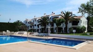 Una piscina con una cerca blanca y una palmera al frente.