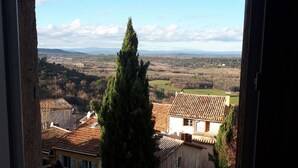 A view from a window overlooking a rural landscape with houses, a tall tree, and distant mountains. - For nature lovers (SAINT MARTIN DE PALLIERES)