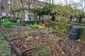Ein Garten mit erhöhten Beeten, einer hölzernen Pergola und einem Wandgemälde an einem Gebäude.