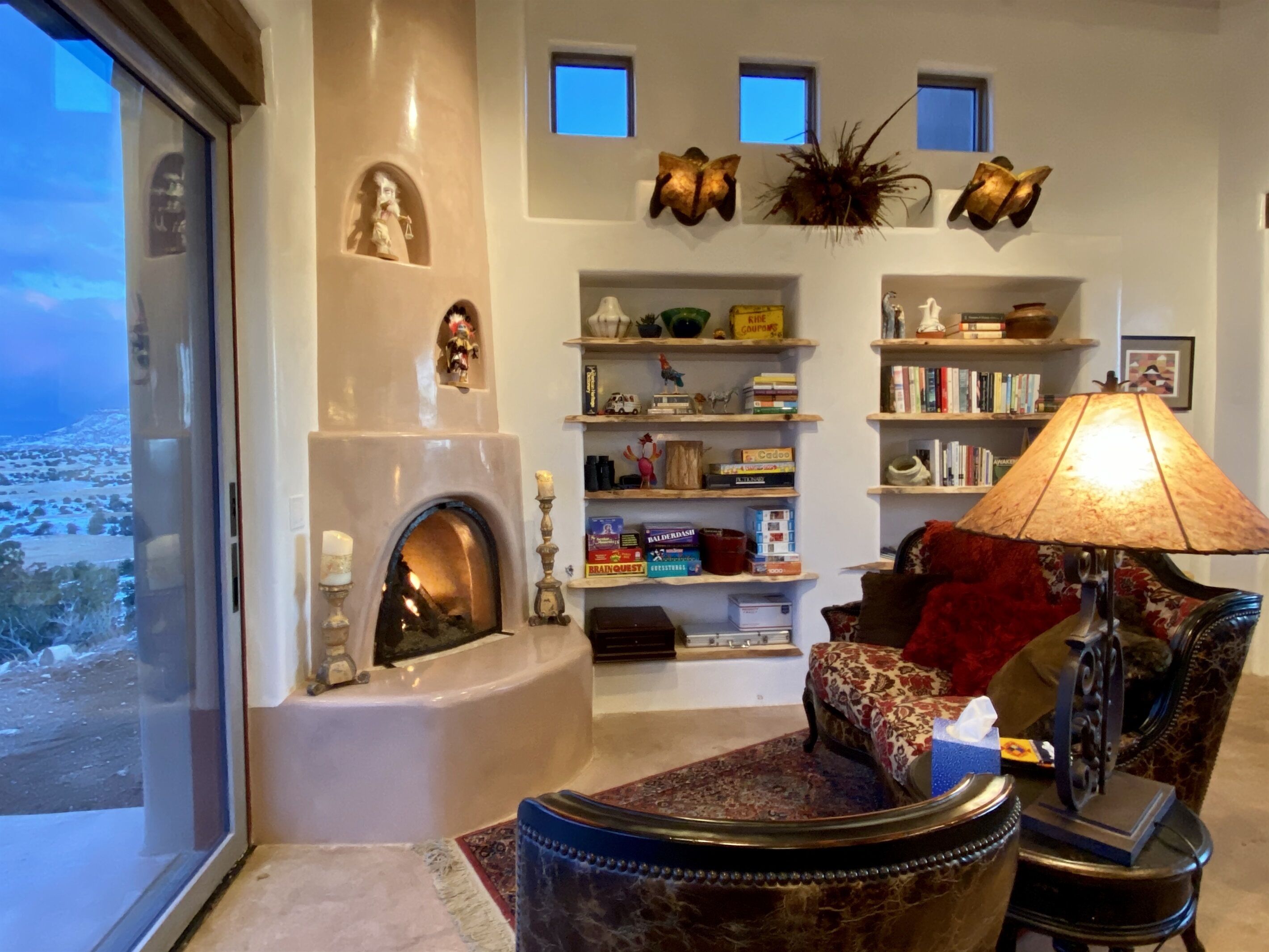 Televisión, chimenea y libros 