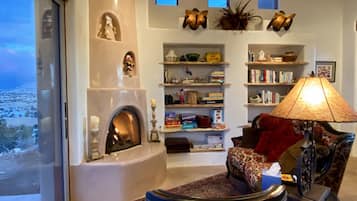 TV, fireplace, books