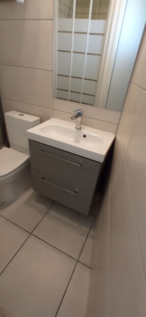 Een haardroger, handdoeken, zeep, toiletpapier