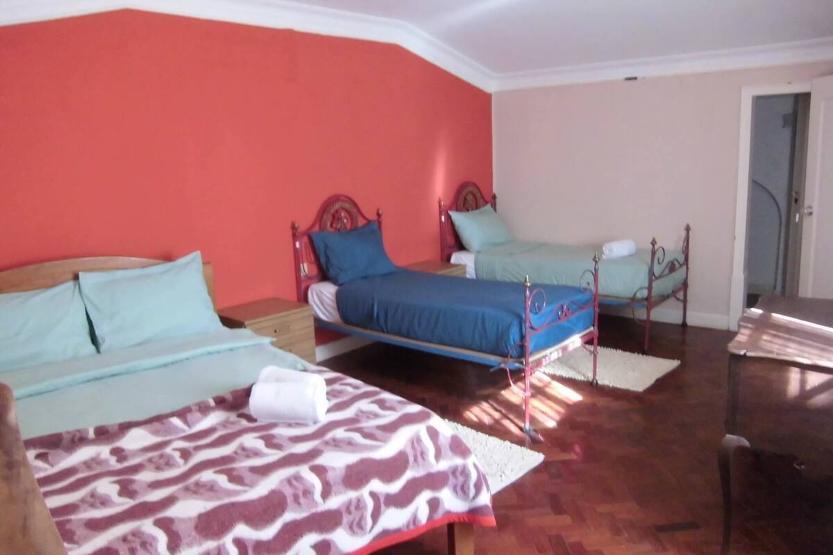 A room with two beds, each with a distinct headboard design, and a wooden floor.