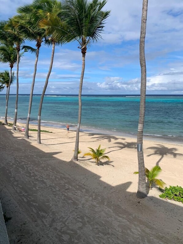 På stranden, solsenger og strandhåndklær