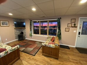 Smart TV, fireplace, books