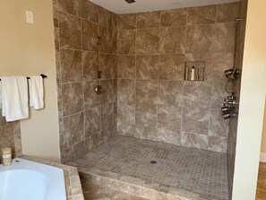 Hair dryer, towels, soap, shampoo