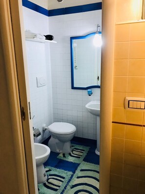 A small bathroom with a white toilet, a sink, and a mirror. - Villa Susanna (Brindisi)