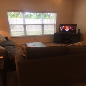Relax in this cozy space with a sofa, coffee table, and TV on a stand, offering a view of the surrounding trees.