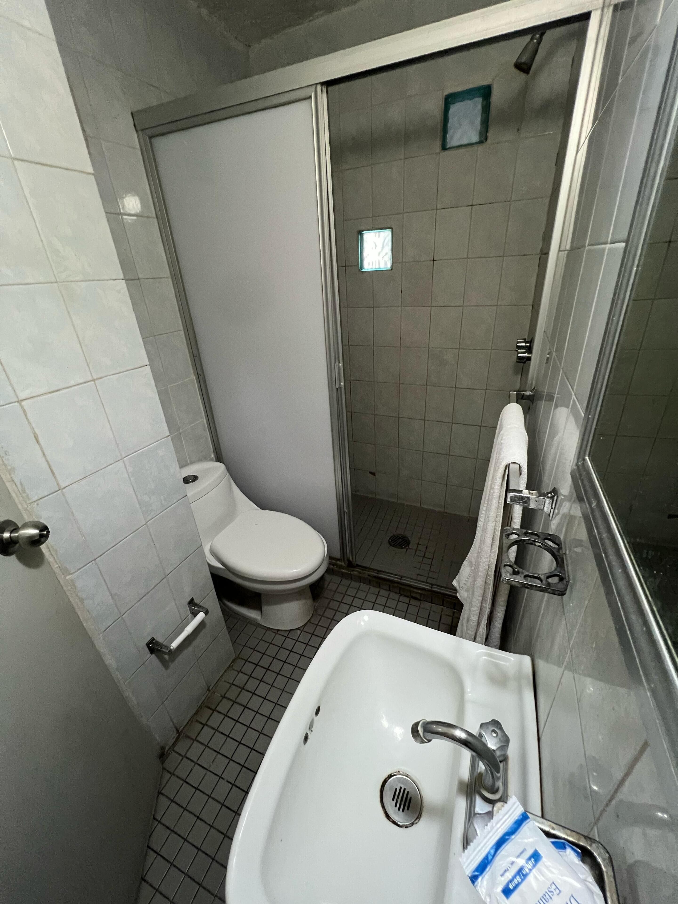 A small bathroom with a toilet, a sink, and a shower stall.