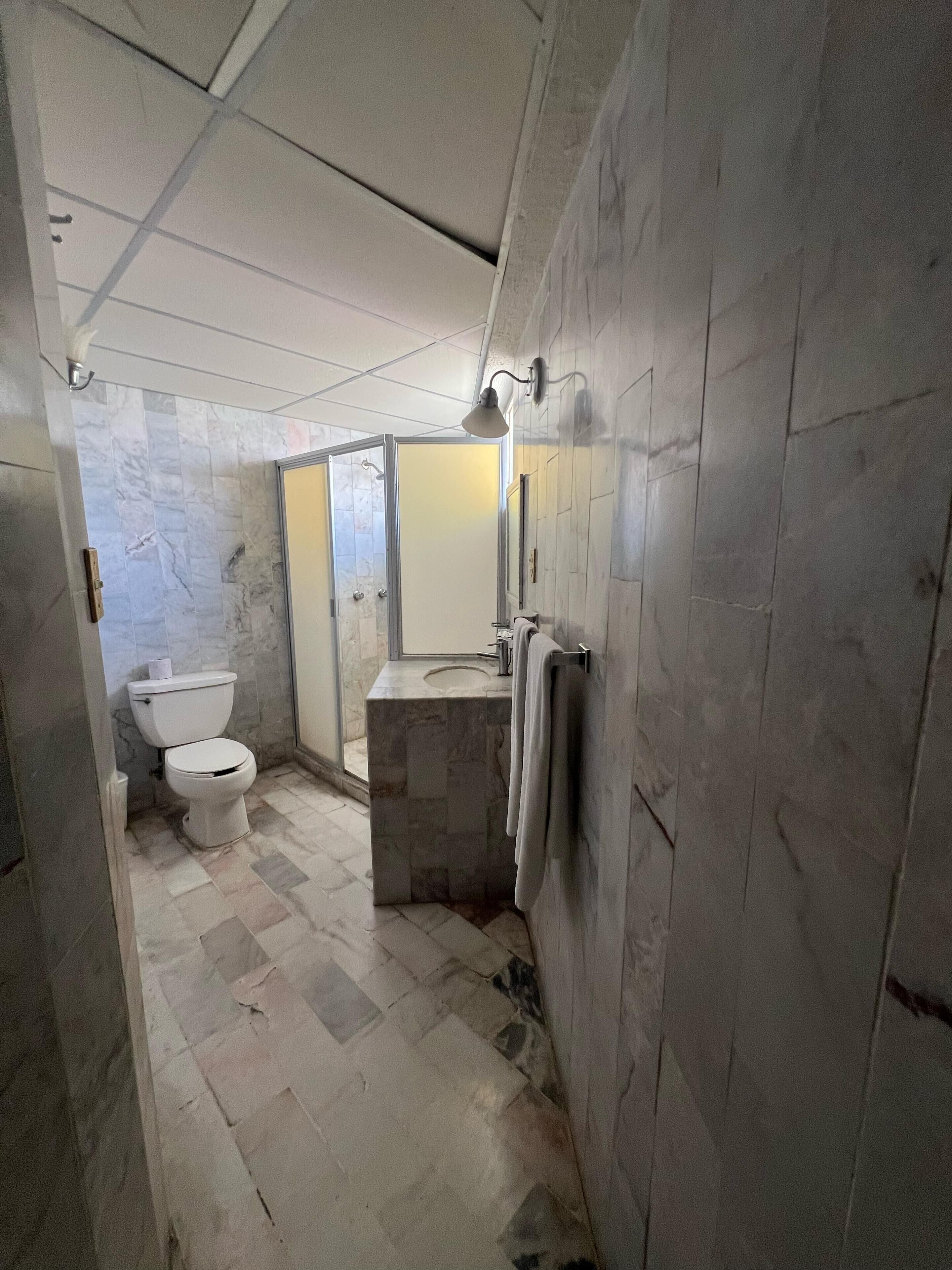 Un baño con inodoro, lavabo y zona de ducha.