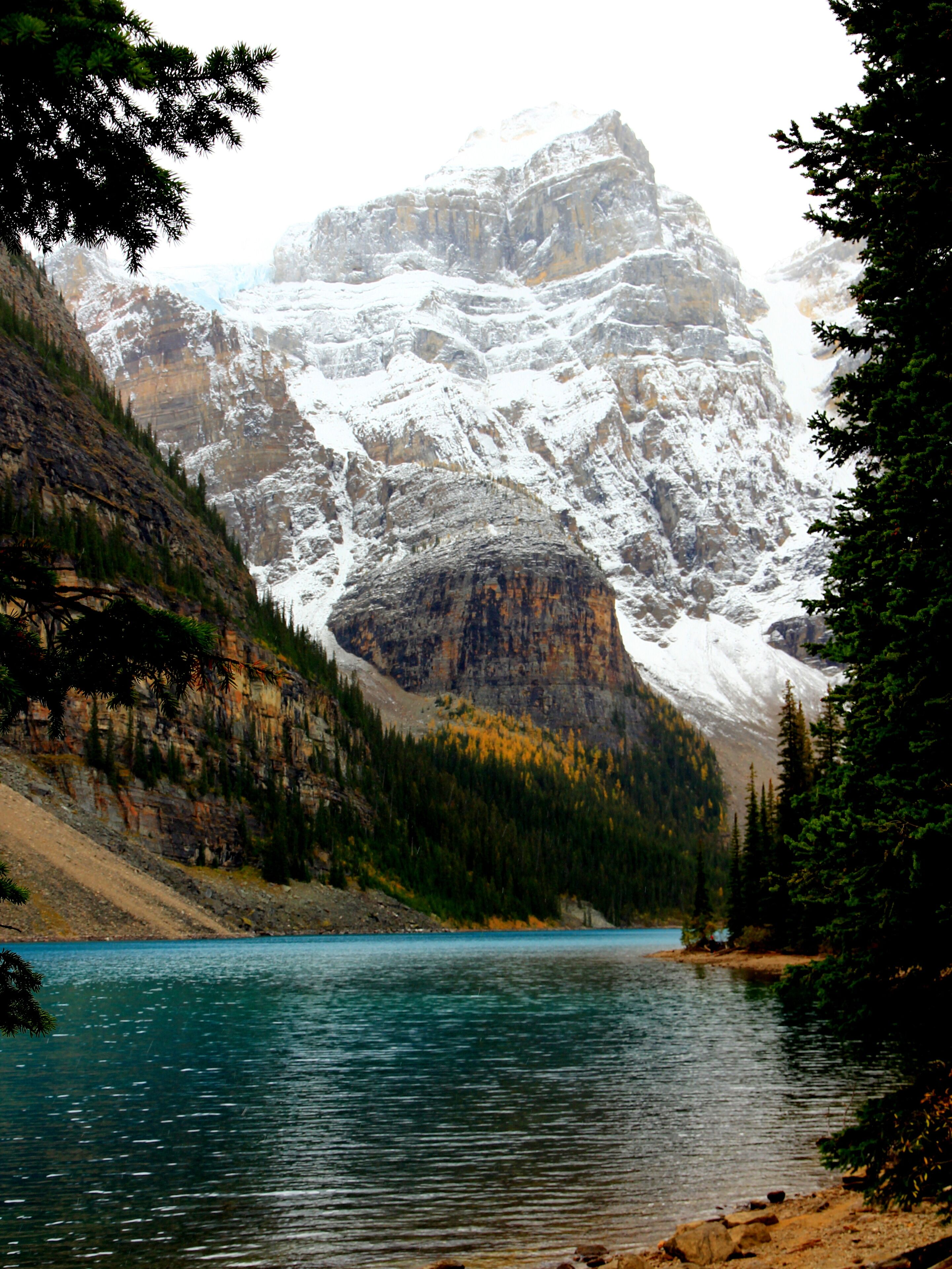A mountain landscape with a lake and forested area.