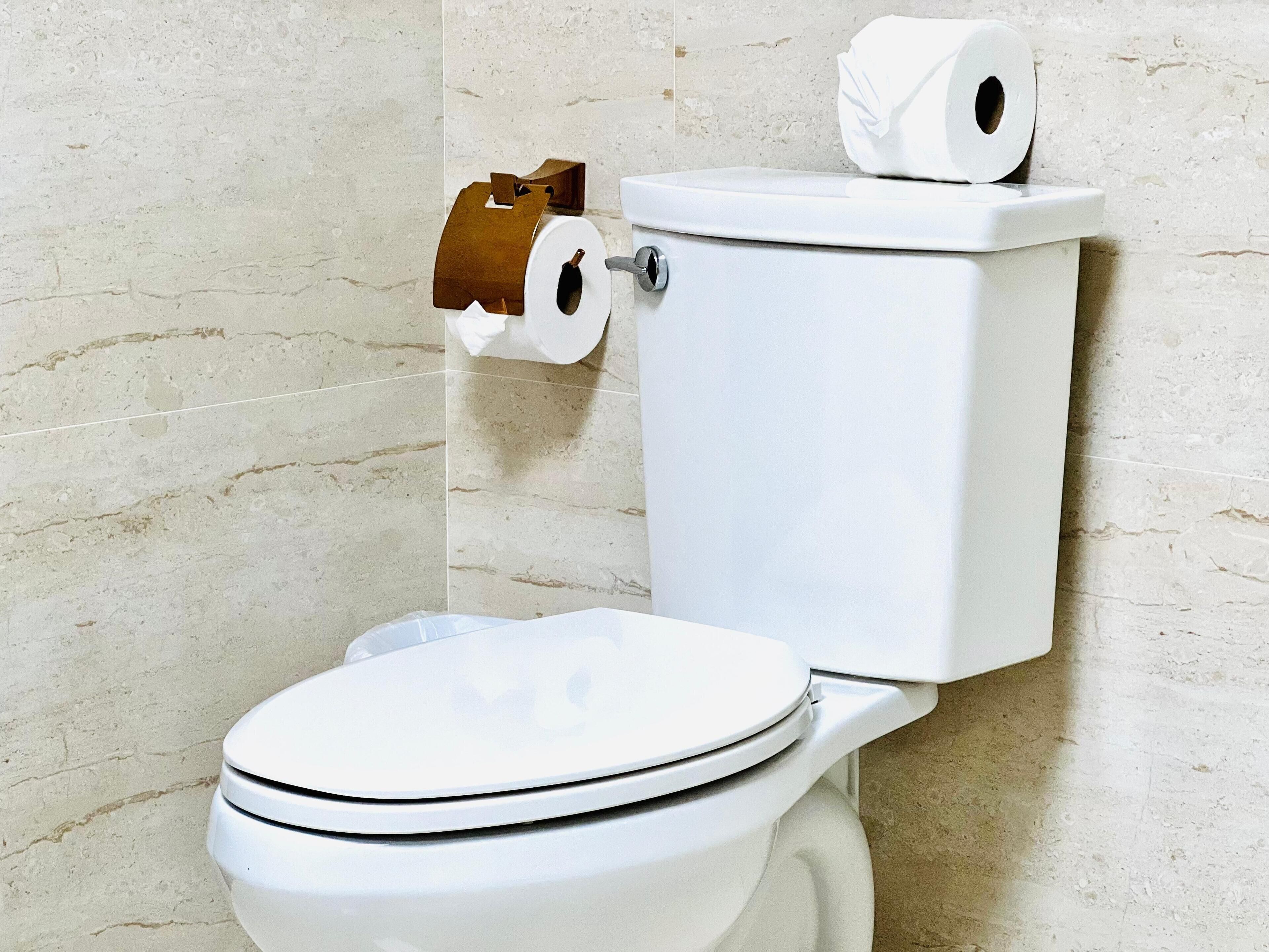 A toilet with a white lid and tank, a roll of toilet paper on the tank, and a brown toilet paper holder.