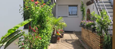 Un patio con plantas en macetas, un sendero de ladrillo y una escalera que lleva a un balcón.